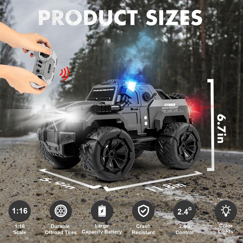 FUUY-Large RC Car, 1:14 RC Car with Spray and LED Lights, Good for 120 Minutes Playtime, 2.4GHz Monster Truck with Spare Tire, All Terrain Off-Road Jeep, Cool Toy Gift, Suitable for Children Over 6 Years Old rc cars