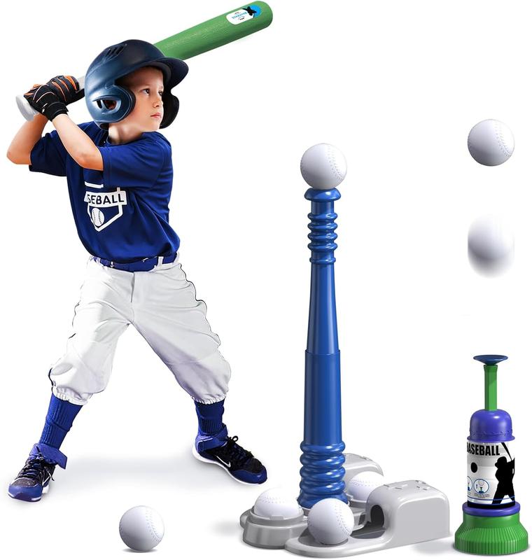 2 in 1 T Ball Sets for Kids 3-5 5-8, Tee Ball Set with Automatic Pitching Machine Adjustable Batting Bat & Stand 6 Balls, Baseball Toys Outdoor Sport for Toddlers Boys, Blue