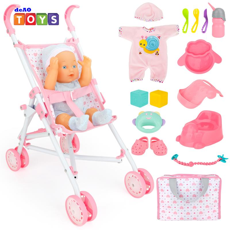 deAO Doll Stroller Set with 13 inch Doll,Play Stroller Toys,13