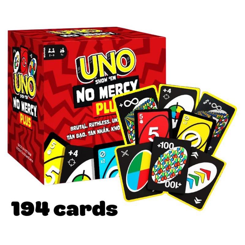 UNO NO MERCY PLUS: UNO version 196 194 card game upgrade for family, Ideal for Parties and Travel, UNO +100 difficult rules, UNO CARD GAME TOP BOARD GAME