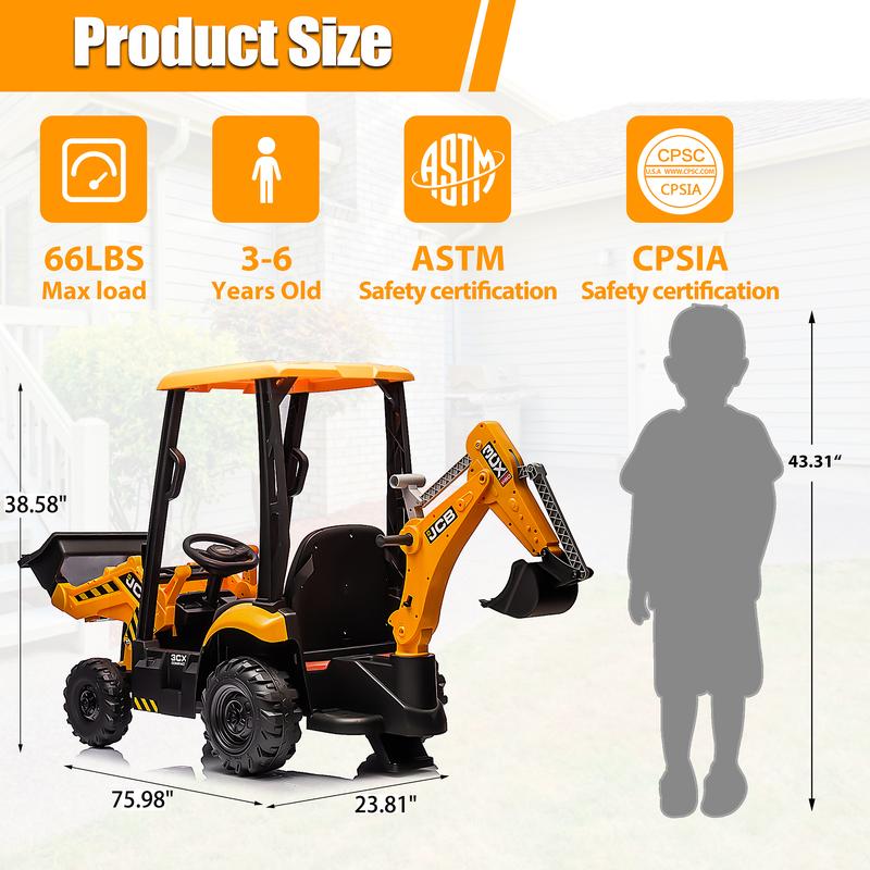 CoCLUB 4 in 1 Ride on Excavator, 12V Licensed JCB Excavator Ride on Toy with Remote Control, Front Loader, Horn and EVA Tires, 4 Transformable Forms Kids Excavator Digger