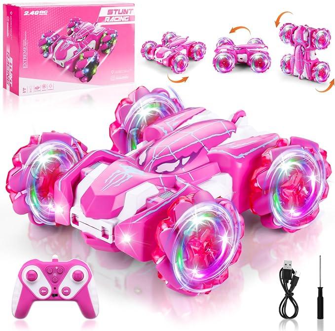 Spider Remote Control Stunt Car, 2.4Ghz Double Sided RC Toy Cars with LED Light 360° Rotating RC Drift Car Pink