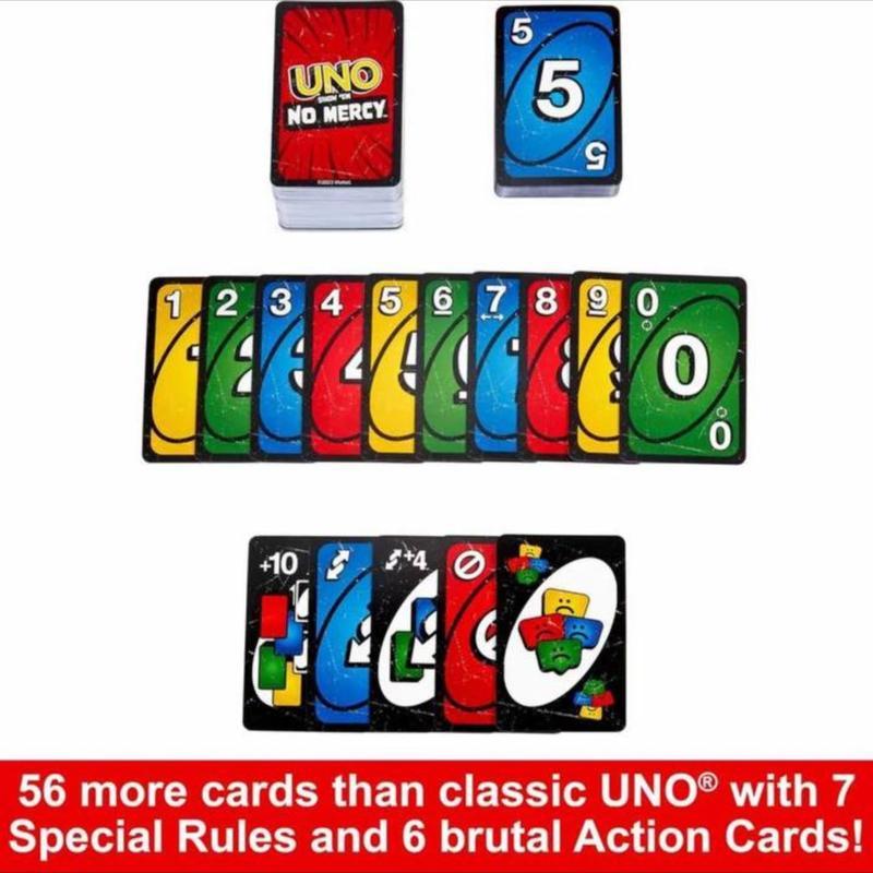 UNO NO MERCY PLUS: UNO version 196 194 card game upgrade for family, Ideal for Parties and Travel, UNO +100 difficult rules, UNO CARD GAME TOP BOARD GAME