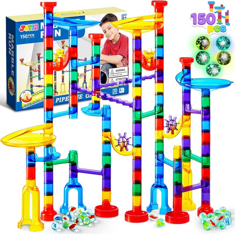  150Pcs Glowing Marble Run- Construction Building Blocks Toys with 5 Glow in The Dark Glass Marbles, STEM Educational Building Block Toy