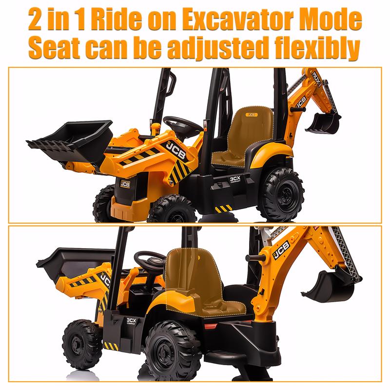 CoCLUB 4 in 1 Ride on Excavator, 12V Licensed JCB Excavator Ride on Toy with Remote Control, Front Loader, Horn and EVA Tires, 4 Transformable Forms Kids Excavator Digger