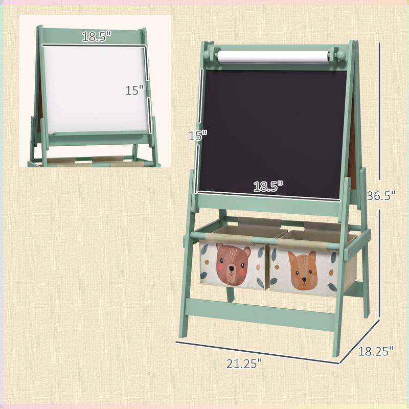 Qaba Art Easel for Kids with Paper Roll, 3 in 1 Toddler Painting Easel with Blackboard, Whiteboard, Storage Baskets