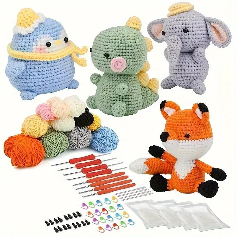 Cute Animal Crochet Kit, 1 Set 4 Patterns Crochet Kit with Crochet Hook & Yarn Balls & Instructions & Needles, Accessories Kit Starter for Beginners, Stocking Fillers Gift, Crochet