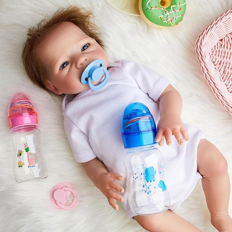 4 Pieces Reborn Baby Doll Accessories, Includes 2 Magnetic Pacifier and 2 Baby Doll Bottles Baby Doll Pacifier Feeding Bottle for Reborn Dolls, Random Pattern, Pink and Blue (Cute)