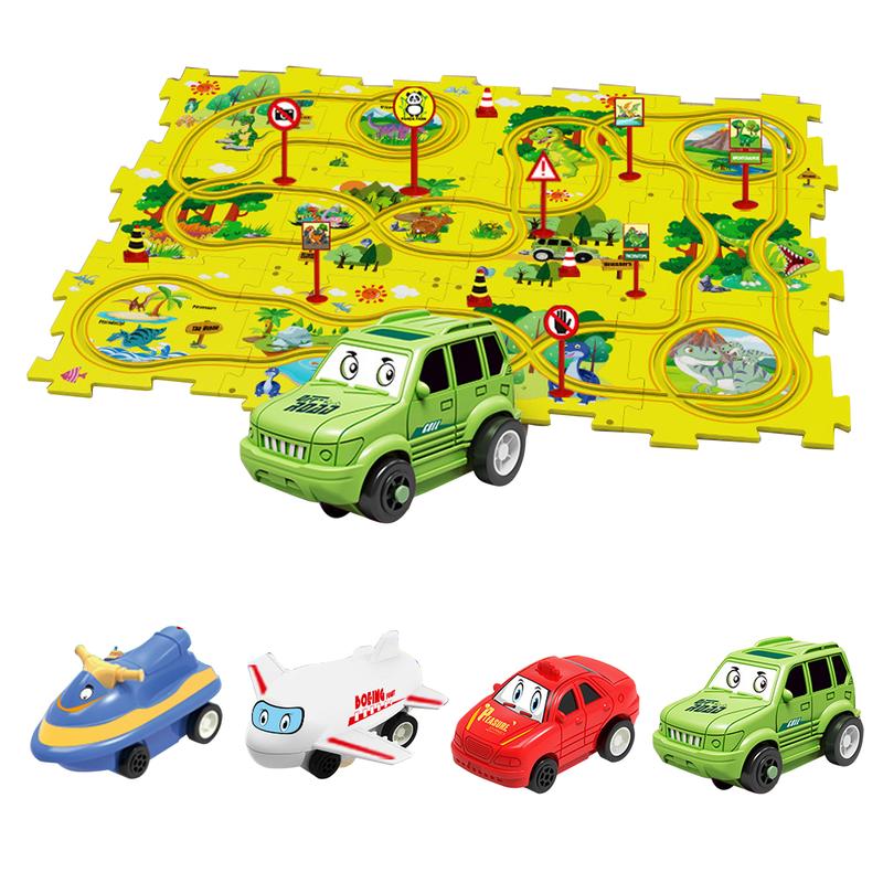 Puzzle Track Car Play Set, DIY Children's Educational Puzzle Tracks with Vehicles, Puzzle Car Track Montessori Track Car Toy Set, Educational Puzzle Track Car Playset for Kids Christams Gifts