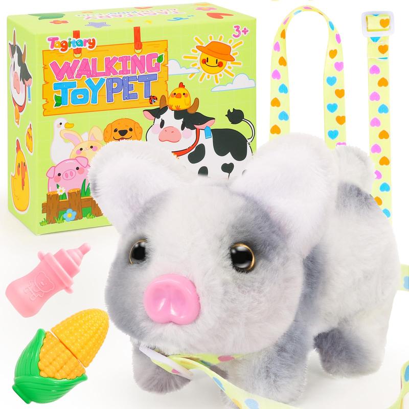 Plush Toys Pig with Sounds,Twitch Nose,Wag Tail,Interactive Electronic Pig Toys That Can Walk,Stuffed Toys with Leash,Christmas Birthday Gift