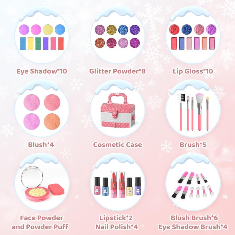 Makeup Set ，56 Pcs Washable Real Cosmetic, Safe & Non-Toxic Frozen Toys Makeup Kit, Frozen Princess Dress up Kit Christmas & Birthday Girl Gift