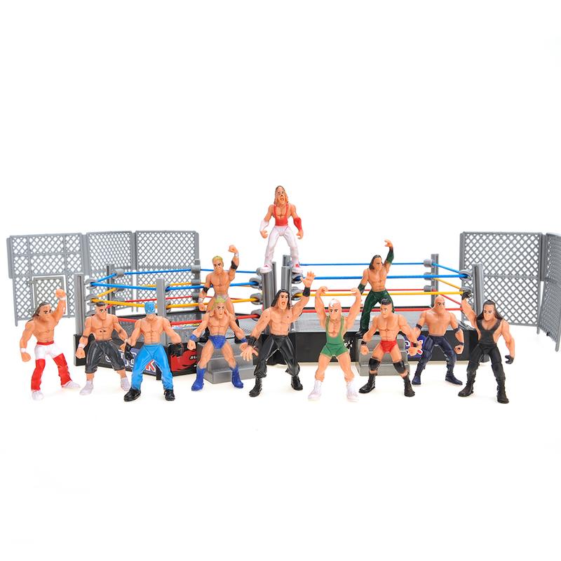 32 Pieces Wrestling Toys, Wrestler Play Set with 2 Wrestle Rings (Hexagon & Square), 12 Wrestlers, 18 Accessories, Toy Figures Cake Topper Birthday