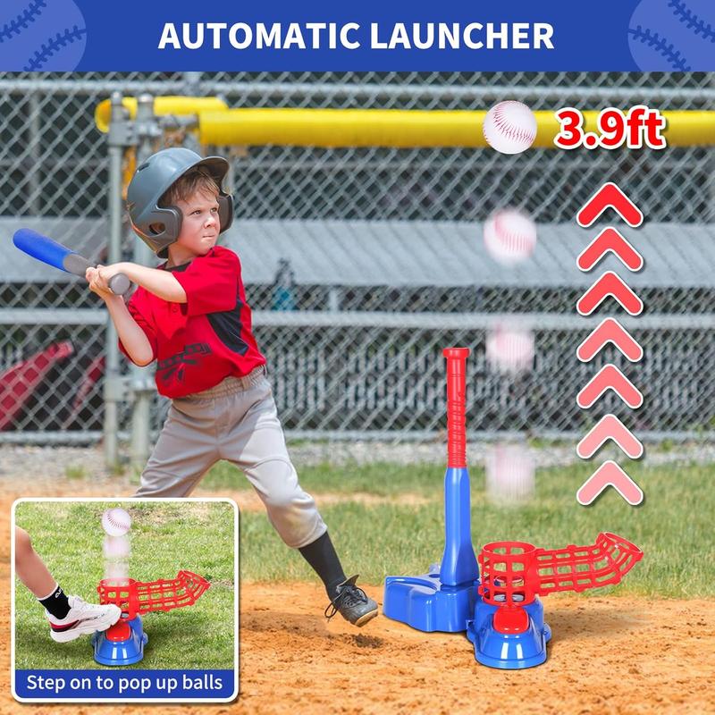 Exergoo 4-in-1 T Ball Set- Height Adjustable Tee Ball Set with 6 Baseballs,  Baseball Tee for 4-8,Indoor Outdoor  Toys for Boys Blue(Tball Bat Batting Tee Hanging Tee Pitching Machine)