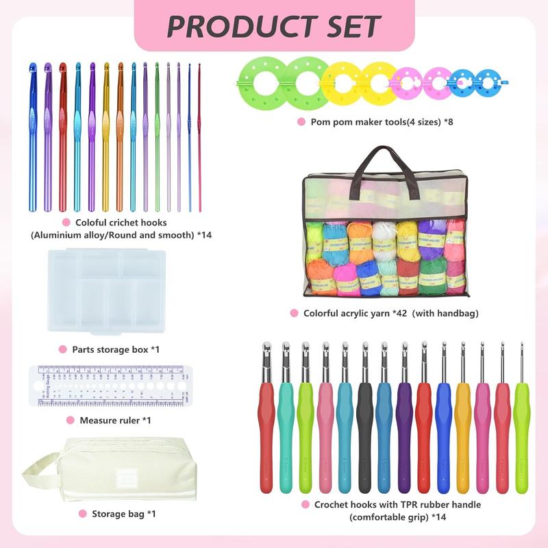 169 count of Crochet Kit, 42 Clolors of Crochet Yarn and 14 Sizes Crochet Hooks for Beginners and Experienced Crocheters, Beginner Crochet Kit for Adults, Ideal for Creating Beautiful Projects