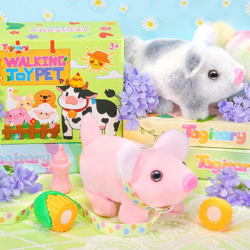 Plush Toys Pig with Sounds,Twitch Nose,Wag Tail,Interactive Electronic Pig Toys That Can Walk,Stuffed Toys with Leash,Christmas Birthday Gift