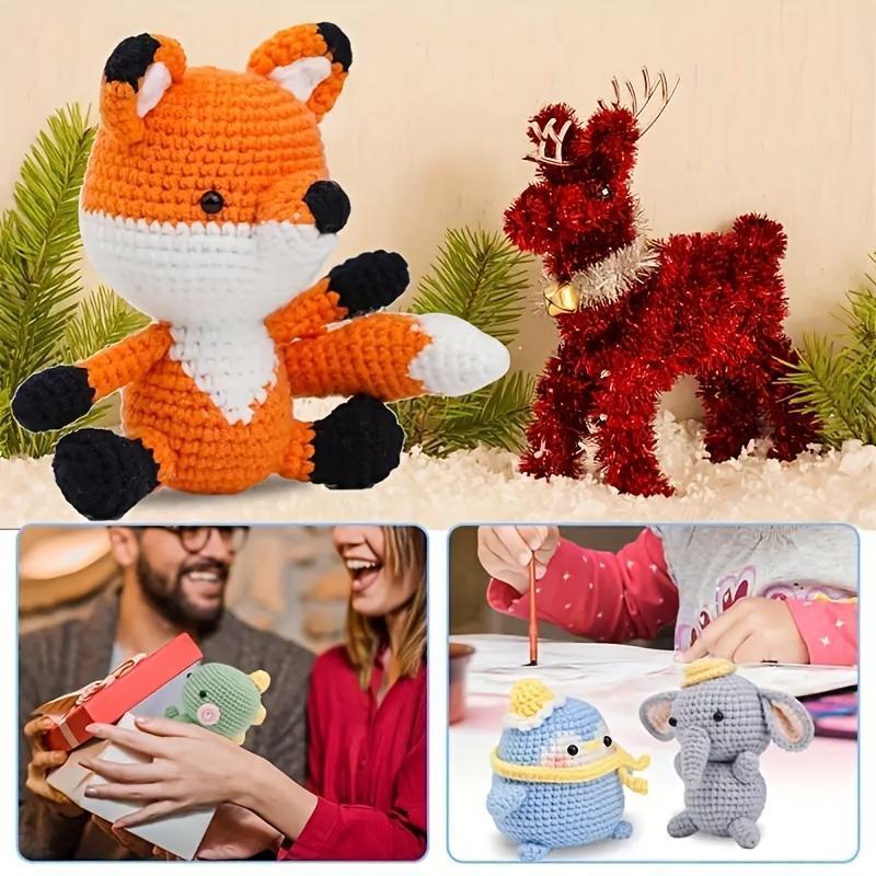 Cute Animal Crochet Kit, 1 Set 4 Patterns Crochet Kit with Crochet Hook & Yarn Balls & Instructions & Needles, Accessories Kit Starter for Beginners, Stocking Fillers Gift, Crochet