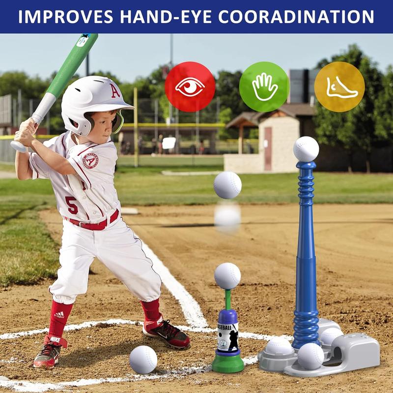 2 in 1 T Ball Sets for Kids 3-5 5-8, Tee Ball Set with Automatic Pitching Machine Adjustable Batting Bat & Stand 6 Balls, Baseball Toys Outdoor Sport for Toddlers Boys, Blue