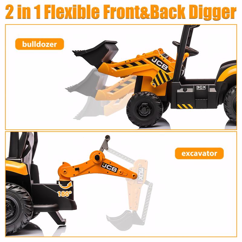 CoCLUB 4 in 1 Ride on Excavator, 12V Licensed JCB Excavator Ride on Toy with Remote Control, Front Loader, Horn and EVA Tires, 4 Transformable Forms Kids Excavator Digger