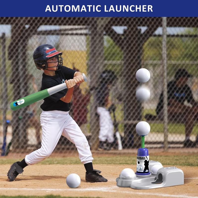 2 in 1 T Ball Sets for Kids 3-5 5-8, Tee Ball Set with Automatic Pitching Machine Adjustable Batting Bat & Stand 6 Balls, Baseball Toys Outdoor Sport for Toddlers Boys, Blue