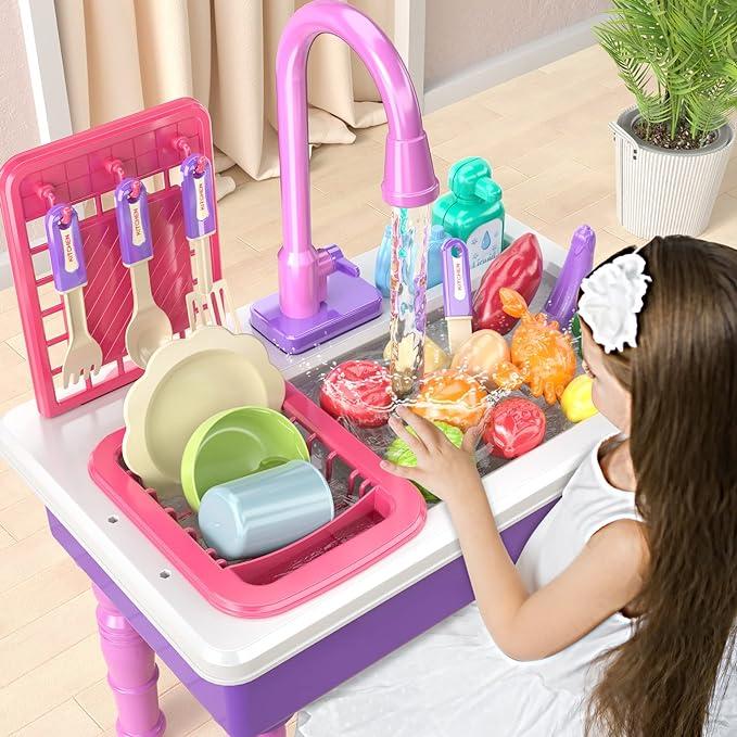 Kitchen Sink with Faucet and Tap Water Circulation, MerryChristmas Gift,Brithday Gift,Fruit&Vegetable&Tableware Toy Accessories, Pretend Play,Role Play Kitchen Sink Toy,Kitchen Experience Set