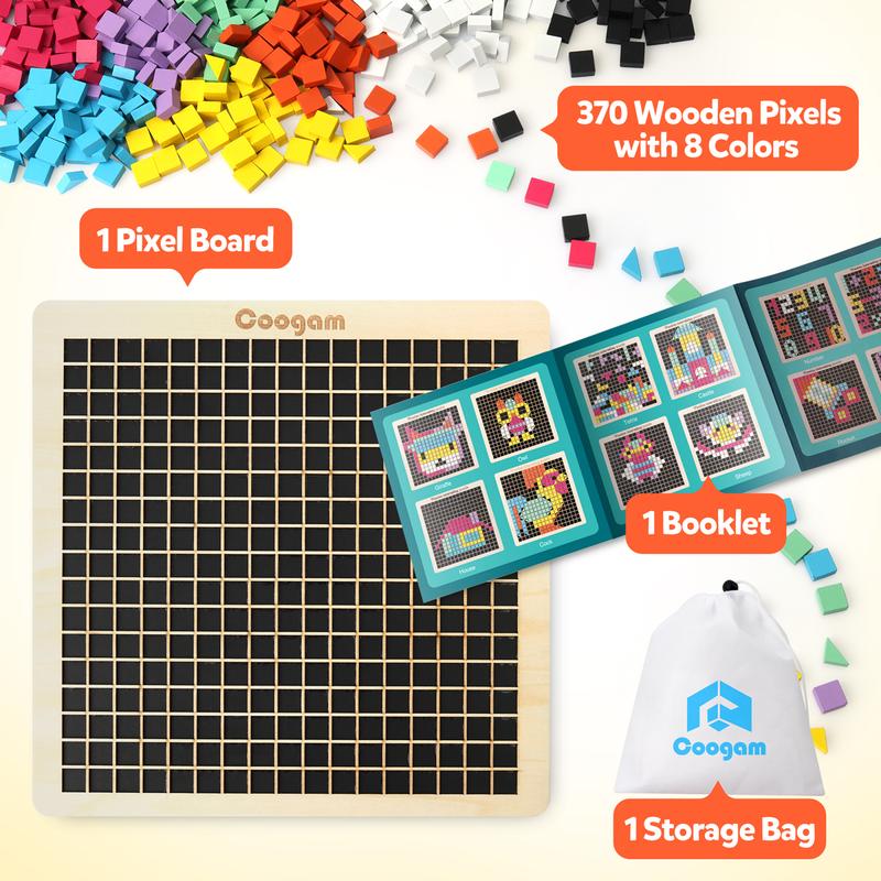 Coogam 370pcs Wooden Mosaic Puzzle, 8 Color Shape Pattern Blocks Pixel Board STEM Toys for 4 5 6 7 Years Old Kids