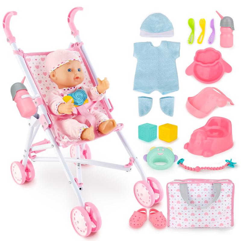 deAO Doll Stroller Set with 13 inch Doll,Play Stroller Toys,13