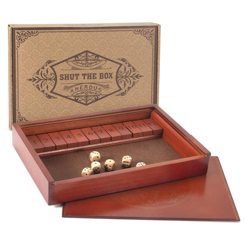 AMEROUS Shut The Box Dice Game，Wooden Board Table Math Game with Lid - 6 Dice - Gift Package - Rules, Classic Board Game for Kids Adults, Family