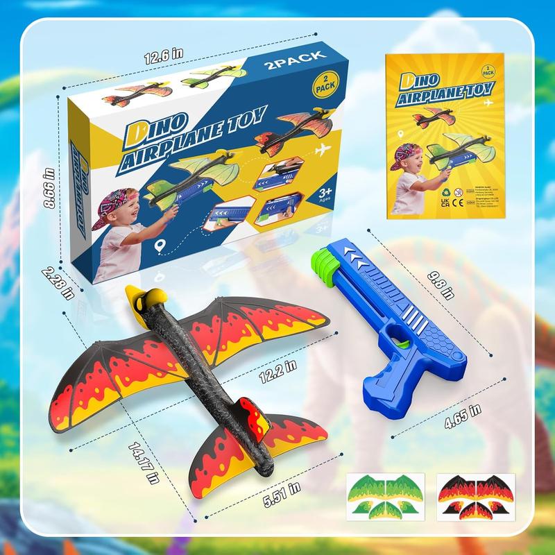 Dinosaur Airplane Launcher Kids Toys Foam Glider Plane Outdoor Flying Toys Gifts for 4 5 6 7 8 9 10 12 Year Old Boys Girls Birthday Gifts Ideas Ages 5-7 6-8 8-13 2 Pack with Sticker