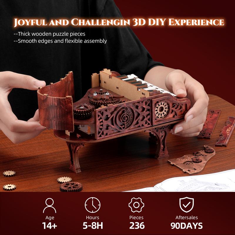 FUNPOLA 3D Puzzle Wooden Mini Piano Model with Gear Mechanics and 8-Tone Melody - Vintage Elegance and Intricate Craftsmanship Unique Ornament Home Decor & Creative Handcraft Playable Christmas gifts