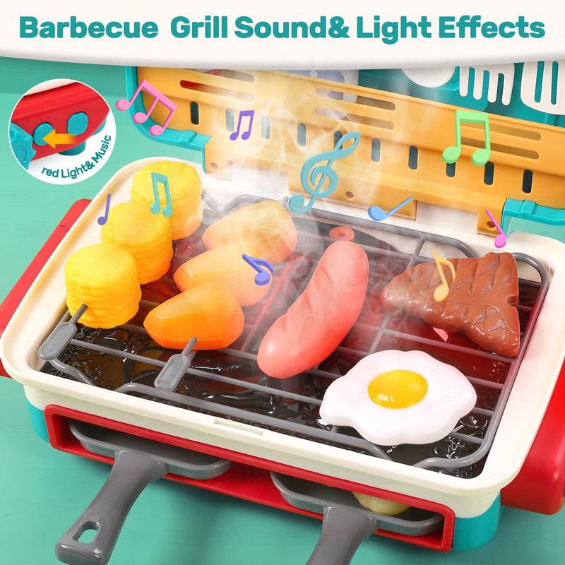 42Pcs Kids BBQ Grill Toy, Barbecue Kitchen Cooking Playset with Realistic Spray, Light & Sound, Color Changing Play Food & Dishes Toy, Pretend BBQ Accessories Set for Girls Boys Toddler