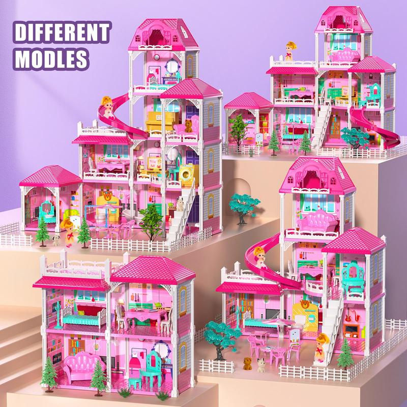 Christmas Gift Luxury DollHouse Pink  Toys - 4 Stories 10 Rooms Dollhouse with 2 Dolls,Slide, Pretend Cottage Toy with Accessories