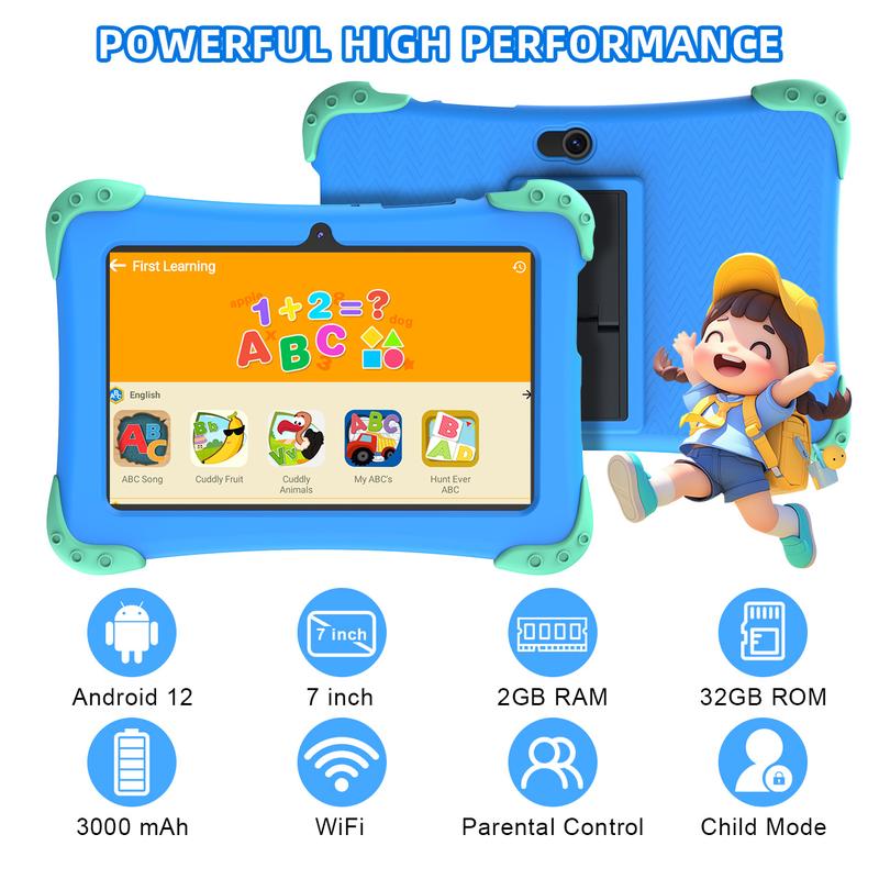 Kids Tablet 7 inch Android 12 Toddler Tablet Childrens Tablet for Kids 2-13 Quad-Core 2+32GB WiFi Bluetooth Dual Camera Parental Control with Drop-Proof Toddler Tablet Case Android Educational Gaming Tablet