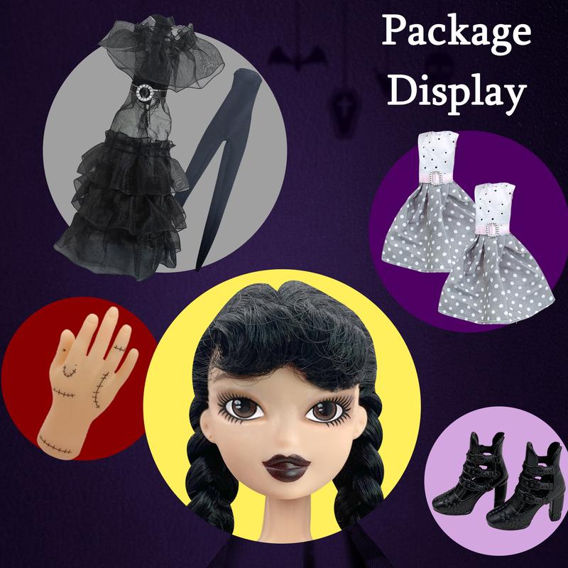 9 inch Black Dress Doll, Black Lip, 2 Dots Dresses, with Thing, wednesday Addams Dolls, Made to Move Dolls, Birthday Gifts for Kids Girls Fans, Holiday Toys