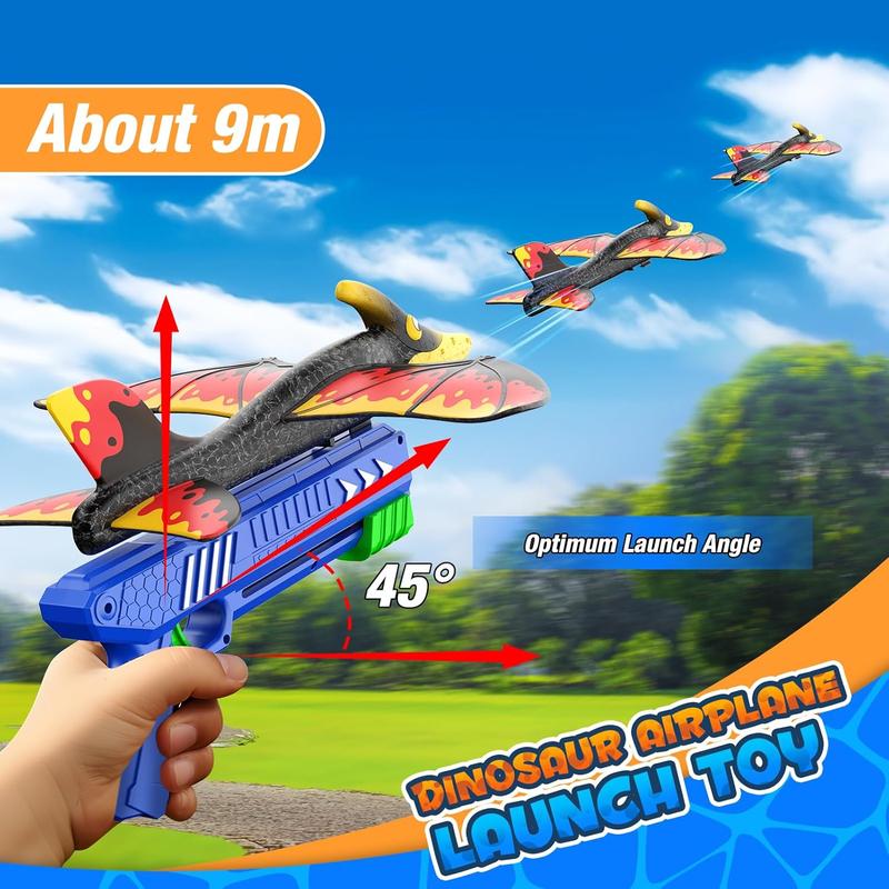 Dinosaur Airplane Launcher Kids Toys Foam Glider Plane Outdoor Flying Toys Gifts for 4 5 6 7 8 9 10 12 Year Old Boys Girls Birthday Gifts Ideas Ages 5-7 6-8 8-13 2 Pack with Sticker