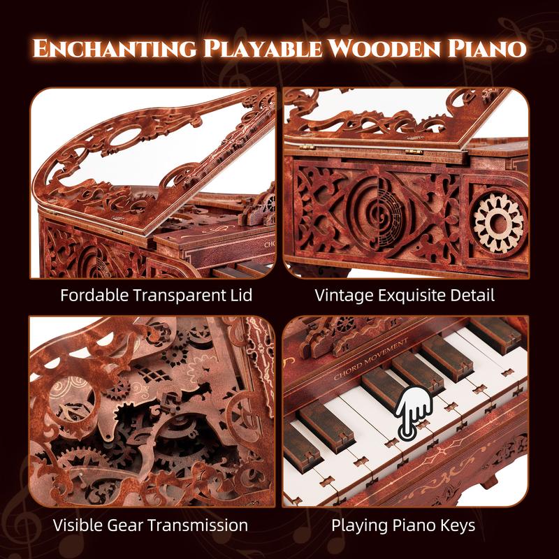 FUNPOLA 3D Puzzle Wooden Mini Piano Model with Gear Mechanics and 8-Tone Melody - Vintage Elegance and Intricate Craftsmanship Unique Ornament Home Decor & Creative Handcraft Playable Christmas gifts