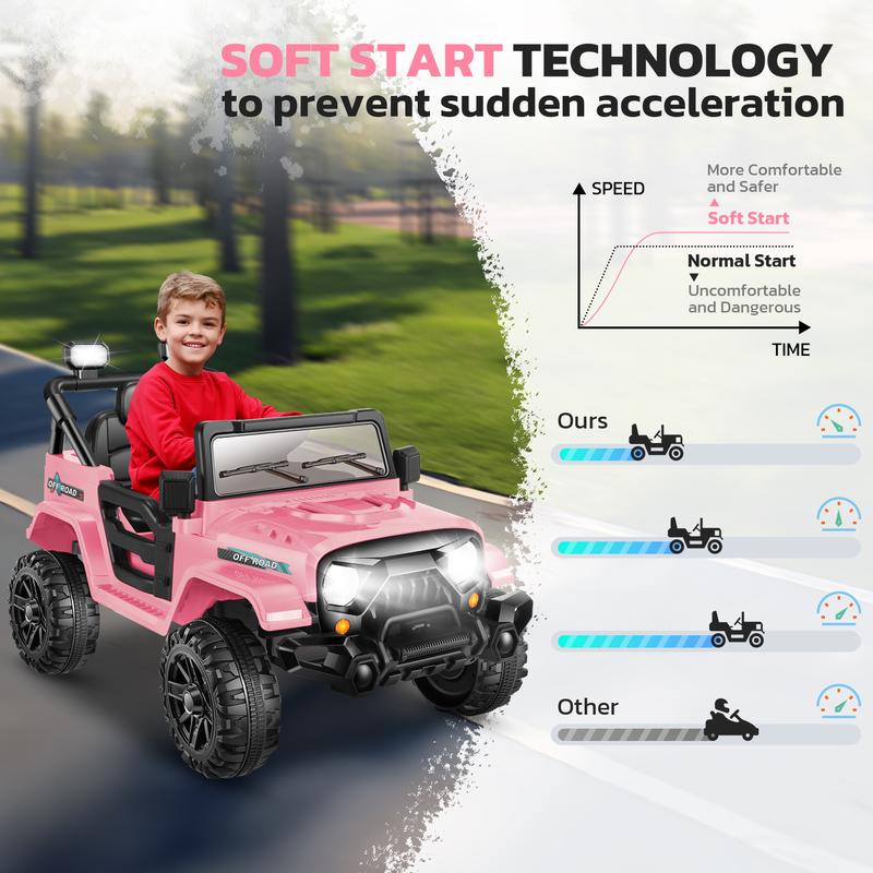 Hikole 12V Battery-Powered Ride-On Jeep for Kids, Remote Control, 3 Speeds, Bluetooth Music, LED Lights, Seat Belt, Spring Shock Absorption