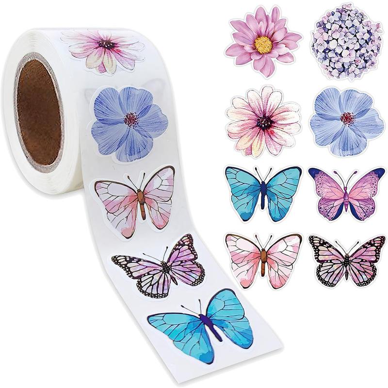 Butterfly & Floral Pattern Sticker, 500pcs roll Colorful Self Adhesive Decorative Stickers, DIY Decals for Water Bottle, Laptop, Phone Case, Scrapbooking, Journal Making