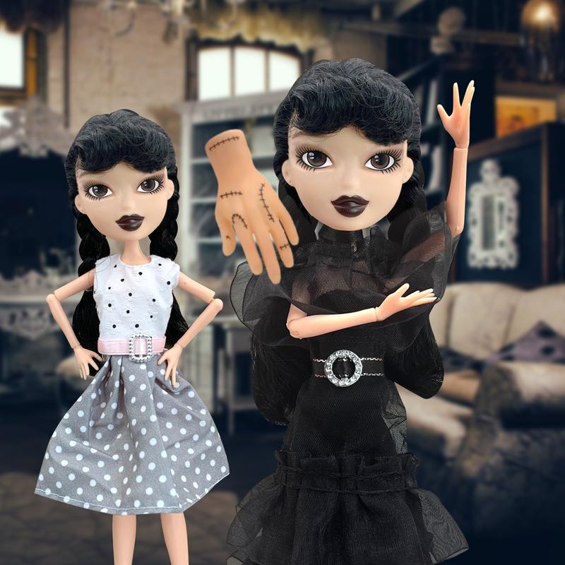 9 inch Black Dress Doll, Black Lip, 2 Dots Dresses, with Thing, wednesday Addams Dolls, Made to Move Dolls, Birthday Gifts for Kids Girls Fans, Holiday Toys