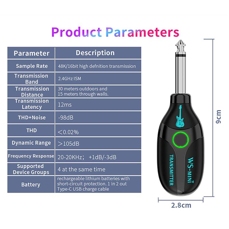 Wireless Guitar System, 1 Set 2.4G Guitar Transmitter Receiver Set, Built-in Rechargeable Lithium Battery Digital For Electric Guitar Bass