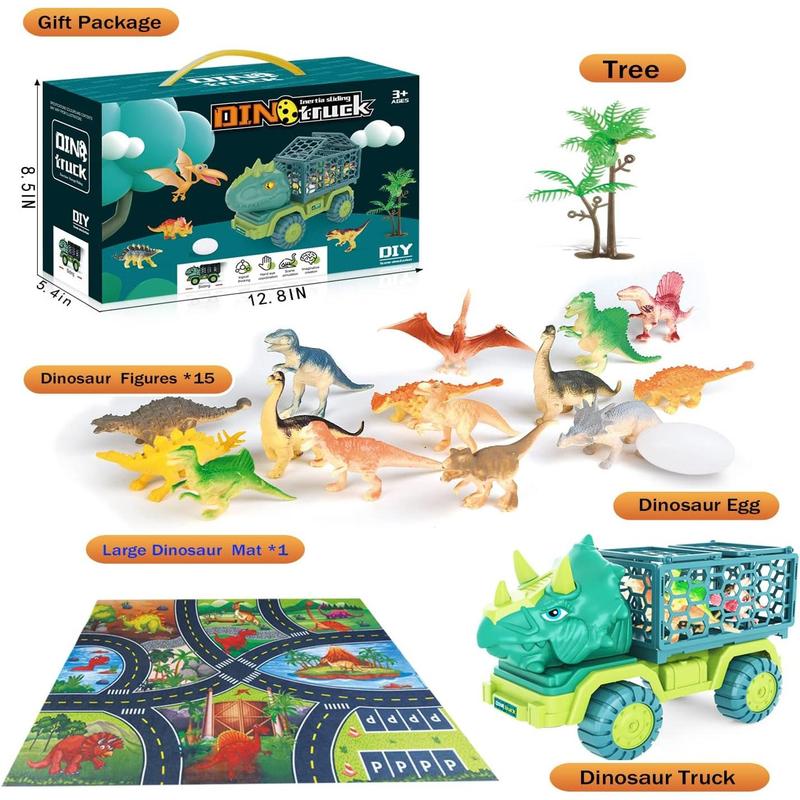 HONGID Dinosaur Truck Toys for Kids 3-5, Triceratops Car Toy with 15 Dino Figures,Large Activity Play Mat, Dinosaur Eggs, Dinosaur Play Set for Boys and Girls,Christmas Xmax,Stocking Stuffers