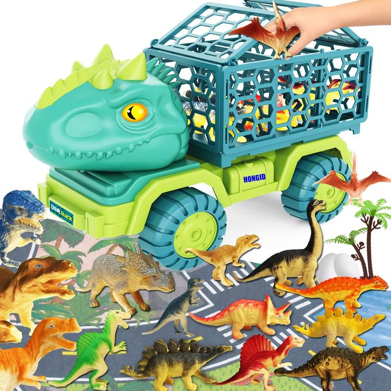 HONGID Dinosaur Truck Toys for Kids 3-5, Triceratops Car Toy with 15 Dino Figures,Large Activity Play Mat, Dinosaur Eggs, Dinosaur Play Set for Boys and Girls,Christmas Xmax,Stocking Stuffers