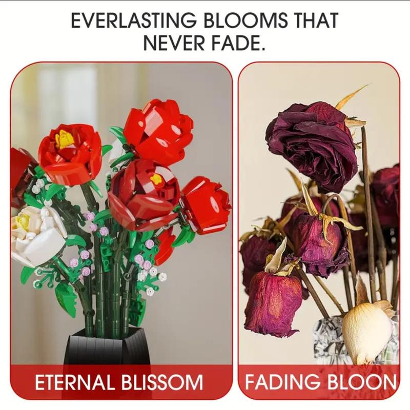 818 PCS Rose Flowers DIY Bouquet Building Set with Vase for Kids and Adults - Christmas, Valentines, Birthdays Gift