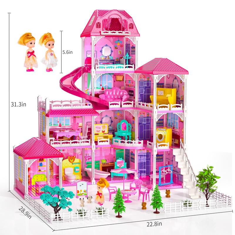 Christmas Gift Luxury DollHouse Pink  Toys - 4 Stories 10 Rooms Dollhouse with 2 Dolls,Slide, Pretend Cottage Toy with Accessories