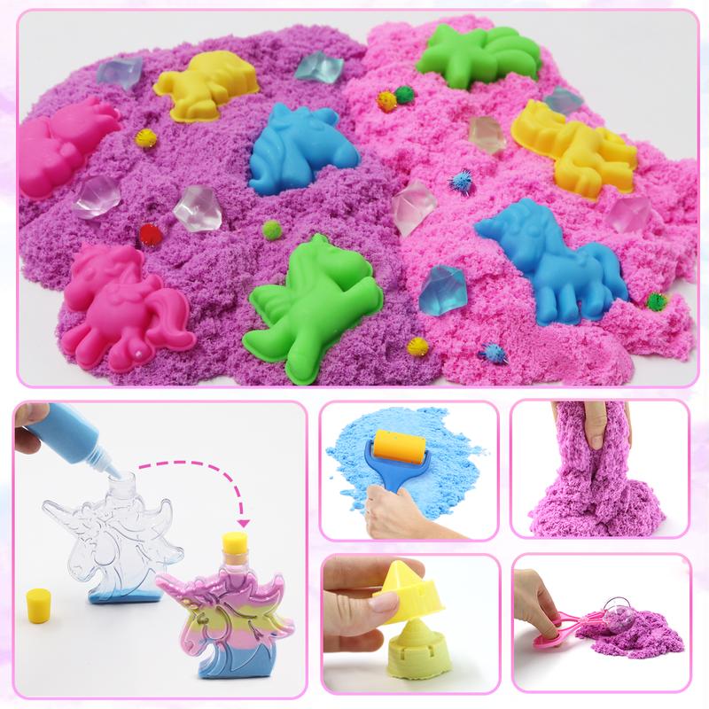 BEIREG Sensory Bin Magic Sand Kit, Unicorn&Construction Theme Toys with  Sandbox, Inculde 3lbs Sand of 4 Color, Castle Sand Molds, Sand Tools, Sensory Toys for Kids Age 4 5 6 7 8 9 Gifts