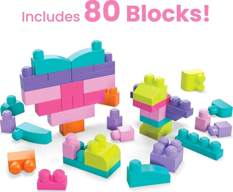 First Builders Toddler Blocks Toys Set, Big Building Bag with 80 Pieces and Storage, Pink, Ages 1+ Years