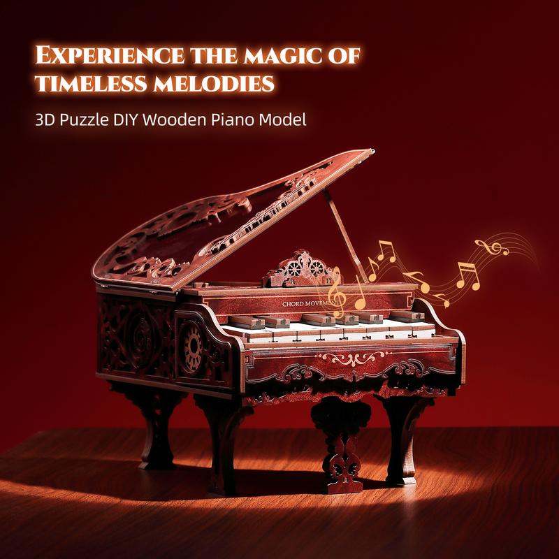 FUNPOLA 3D Puzzle Wooden Mini Piano Model with Gear Mechanics and 8-Tone Melody - Vintage Elegance and Intricate Craftsmanship Unique Ornament Home Decor & Creative Handcraft Playable Christmas gifts