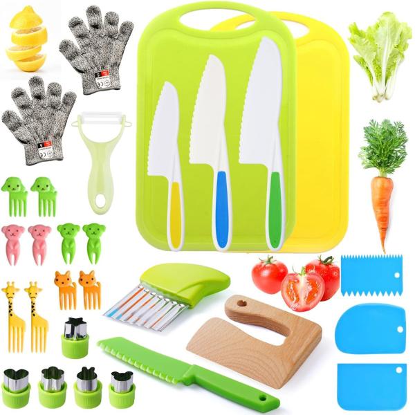 Christmas Knife Set for Cooking Toddler Kitchen Tools Include 4 Serrated Edges Plastic Safe Knives, Crinkle Cutter Pretend play Cutting Boards Wood Kids Knife