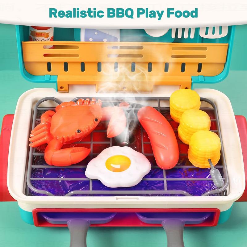 42Pcs Kids BBQ Grill Toy, Barbecue Kitchen Cooking Playset with Realistic Spray, Light & Sound, Color Changing Play Food & Dishes Toy, Pretend BBQ Accessories Set for Girls Boys Toddler