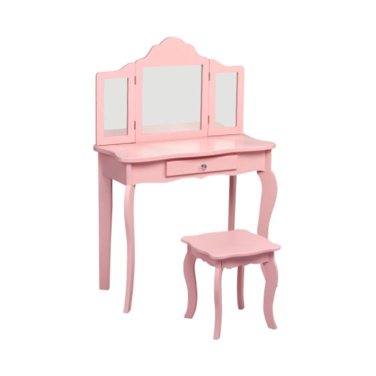 Costzon - Kids Vanity Set, 2 in 1 Wooden Princess Makeup Table and Chair Set with Tri-Folding Detachable Mirror Storage Drawer, Crown Themed Pretend Beauty Dressing Play Toy Gift for Girls, Birthday Gift for Children Girls