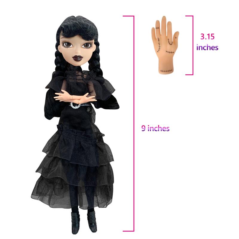 9 inch Black Dress Doll, Black Lip, 2 Dots Dresses, with Thing, wednesday Addams Dolls, Made to Move Dolls, Birthday Gifts for Kids Girls Fans, Holiday Toys